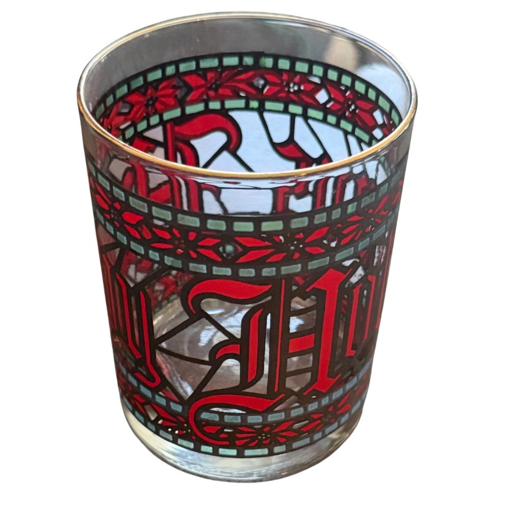 Vintage Houze Art Stained Glass Christmas Lowball Glasses Set of 4 Gold Rim MCM